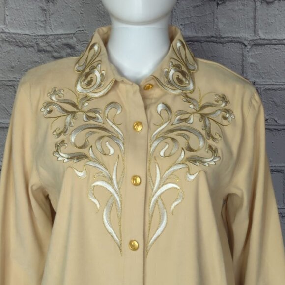 Bob Mackie Yellow Embroidered Button Down Top, Women's Small - Picture 1 of 9